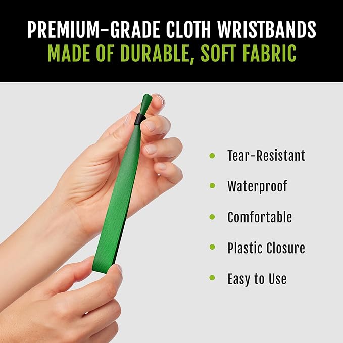 100 WristCo Cloth Event Wristbands - Kelly Green Fabric Bracelets Wrist Bands for Concerts Festival Admission Party 13 ½” x ½”