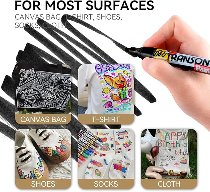 TRANSON Black and White Paint Markers for Fabric Rock Craft Diy Painting Medium Tip Oil Based Waterproof