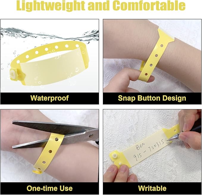 100pcs Vinyl Wristbands Hospital Identification Bands,Waterproof Adjustable Medical Wristband,Disposable Snap Wristband for Hospital (Color : Yellow)