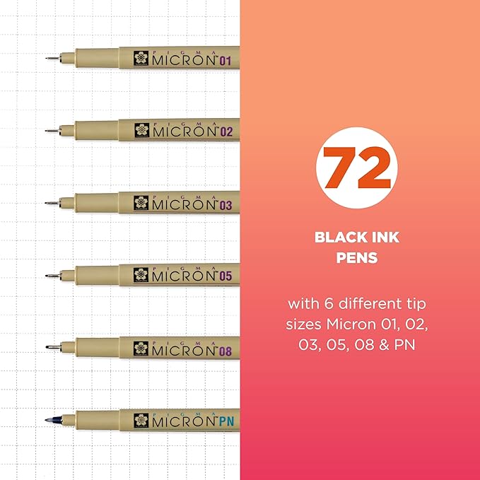 SAKURA Pigma Micron Fineliner Pens - Archival Black Ink Pens - Pens for Writing, Drawing, or Journaling - Assorted Point Sizes - 72 Pack