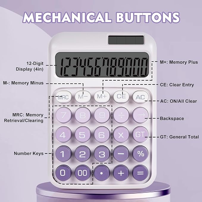 Mechanical Switch Calculator with Big Buttons, Calculators Desktop, 12 Digits, Solar Battery Power, Desk Calculator, Large LCD Display,Cute Purple Calculator for Teachers Students Basic Office