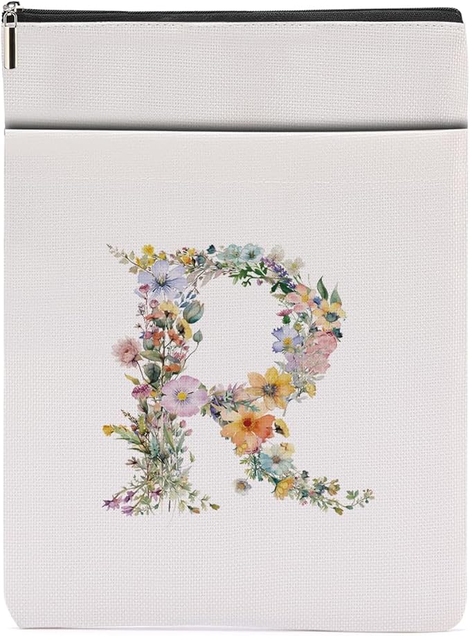 Monogrammed Book Sleeve Floral R Initial Book Pouch Book Accessories Book Lovers Gifts Waterproof Book Cover Book Protector Bookish Gifts Personalized Gifts for Women Girls Readers Bride Coworker