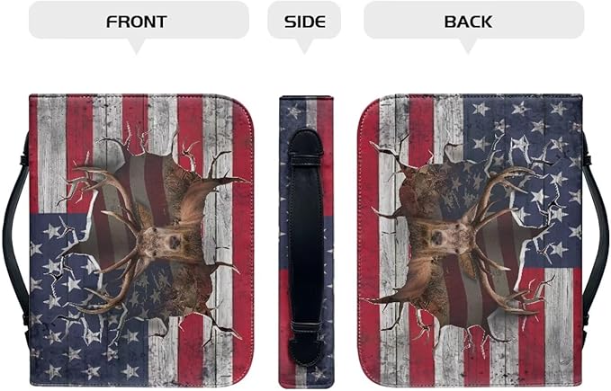 Lotusorchid Reindeer Bible Cover Case, Zippered Bible Carrying Case for Women Girls, Portable American Flag Bible Tote Bag Sturdy Bible Book Cover for Bible Study, Christian Bible Accessories,2XL