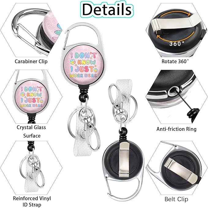 Gctriki Badge Reel Retractable Heavy Duty with 360° Swivel Carabiner Clip, I Don't Know I Just Work Here ID Badge Holder Retractable Clip, Funny Nurse Teacher Retractable Keychain Name Badge Clip