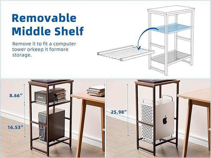 Printer Stand Holder 3 Tier - Heavy Duty Metal Shelving Unit for Under Desk Printer Storage Office Organizer, Industrial Printer Side Table with Wood Desktop for Scanner Fax Machine