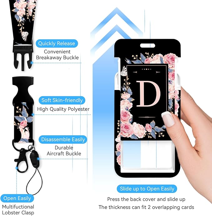 A-Z Badge Holder with Retractable Reel and Breakaway Lanyard Badge Clips Retractable Heavy Duty Badge Reel，Keychain，ID Holder with Breakaway Lanyard for School Nurse Office Teen D