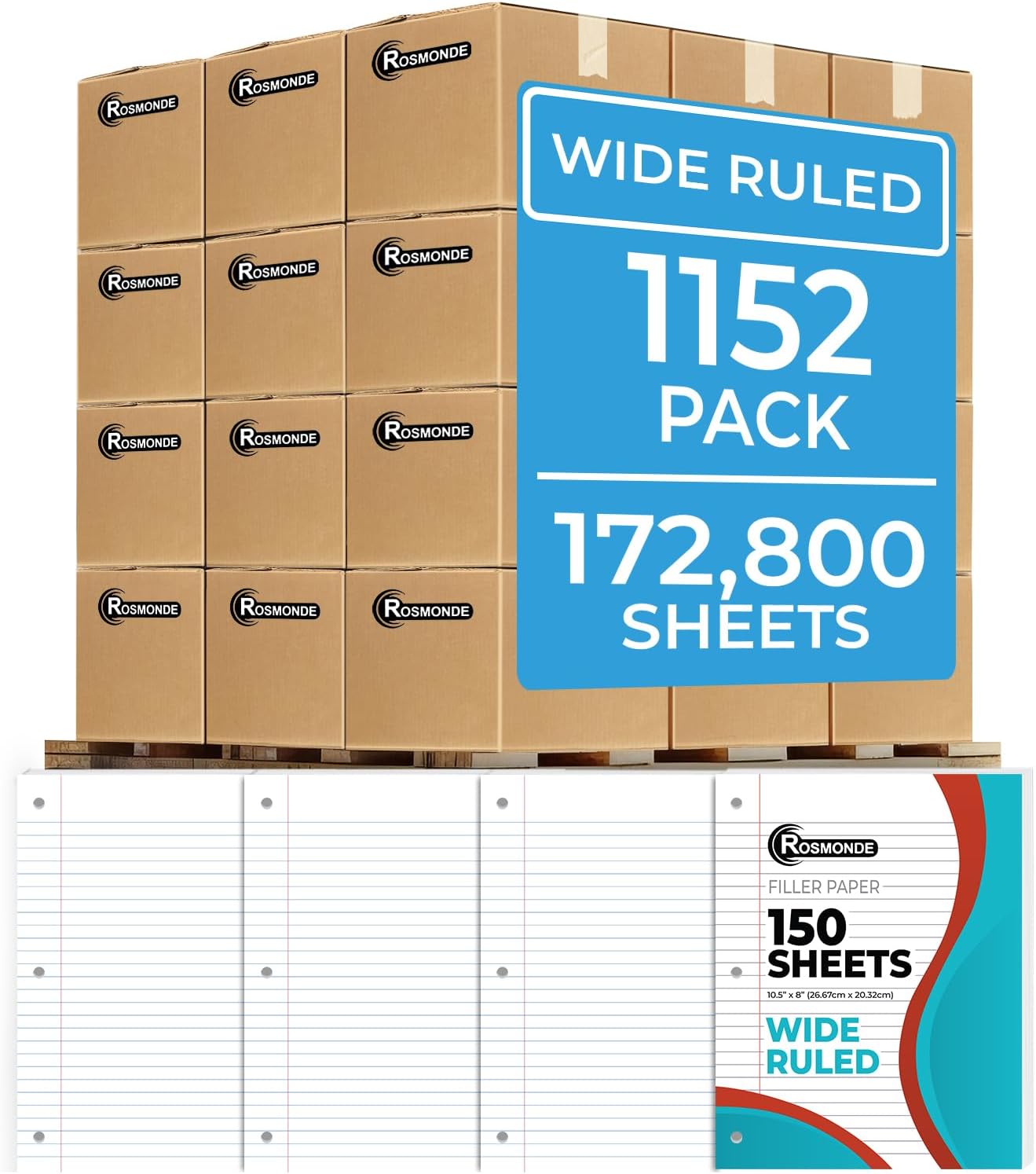1152 Pack (Pallet) Loose Leaf Paper Bulk, 172800 Sheets, Wide Ruled, Pallet of Filler Paper, 150 Sheets/Pack, 8 x 10.5", 3 Hole Punched, 56 Gsm Thick Sheets, School & Office, 4-7 Days Transit