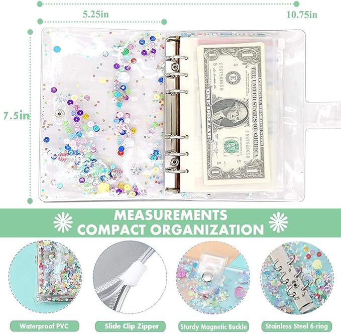 35 Pieces A6 Binder PVC Cover with 10 Clear Binder Pockets, Waterproof 6-Ring Budget Binder Envelopes System Budget Planner Organizer, Budget Sheets & Card Bags & Papers & Label for Cash Envelopes