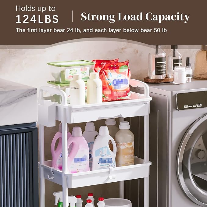 Rolling Utility Cart with Drawer 3 Tier, Utility Storage Organizer with Plastic Shelf & Lockable Wheels Multifunctional Storage Cart for Kitchen, Bathroom, Office, Living Room, White