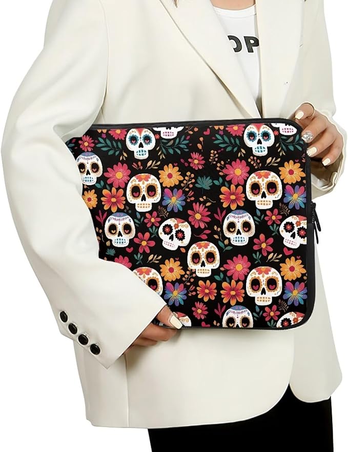 Skull Printed Computer Carrying Cover with Floral Print Laptop Case Bag Easy to Carry Computer Bag, 15 Inch Lightweight Laptop Briefcase Messenger Bag for Women