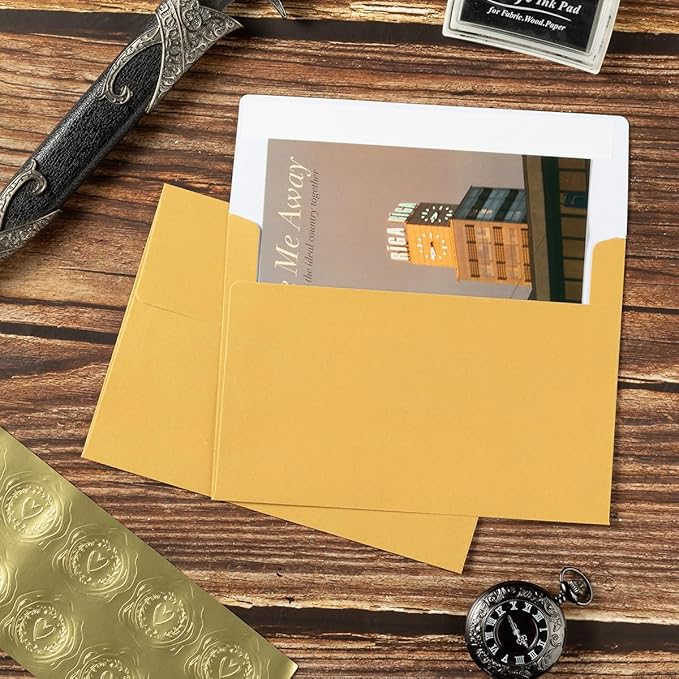 Wishop 50 Pack Shiny Self-Adhesive Envelopes with Shiny Fold Cards for Wedding Invitations, Greeting Cards, Baby Shower, Letter Mailing (Gold, 5x7)