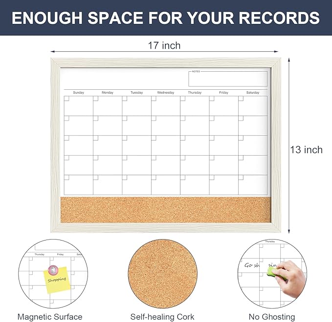 Calendar Whiteboard for Wall, TANKEE 17"x13" Whiteboard Calendar Cork Board Combo, Magnetic White Board Monthly Calendar with Wood Framed, Hanging Dry Erase Board for Kitchen Home Office Planner