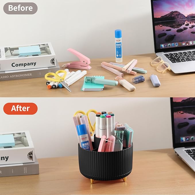 Desk Pencil Pen Holder, 5 Slots 360°Degree Rotating Pencil Pen Organizers for Desk, Desktop Storage Stationery Supplies Organizer, Cute Pencil Cup Pot for Office, School, Home, Art Supply, Black
