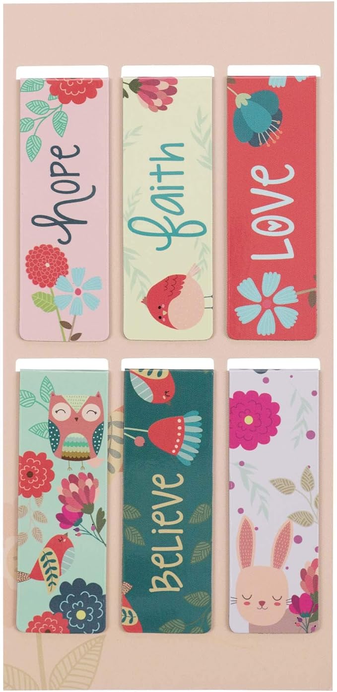 Christian Art Gifts Magnetic Scripture Bookmark Set with Encourangements Faith Hope Love Believe - Inspirational Floral Magnetic Bible Verse Pagemarker Set of 6 for Bibles and Books, Size 2.3” x 0.8”