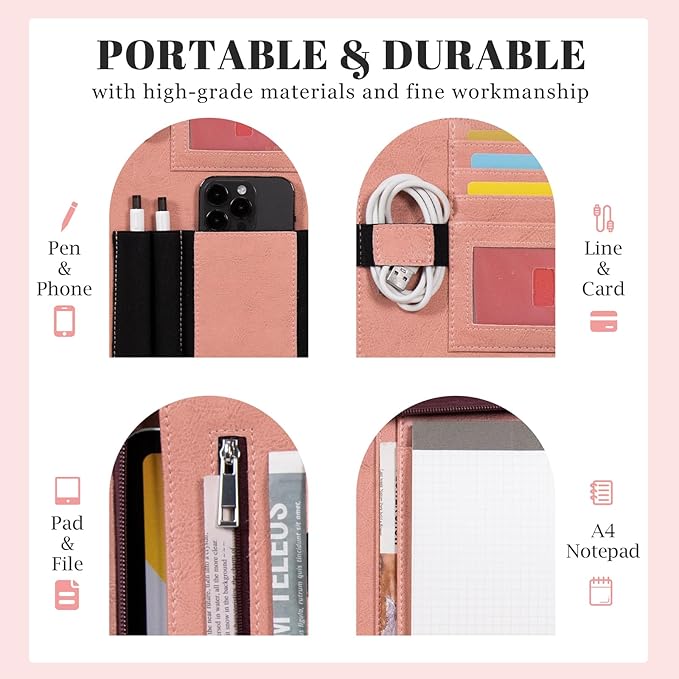 Free Name Engrave, Custom Vegan Leather Portfolio for Women, Personalized Business Padfolio with A4/US Letter Writing Pad Holder, Portfolio Folder for Girlfriend, Wife, Daughter, Customized, Pink