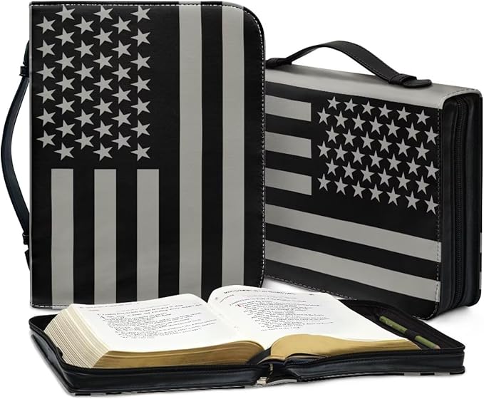 Lotusorchid American Flag Printed Leather Bible Cover for Women Size Large Bible Case with Handle and Zipper, Church Protector Bible Bags