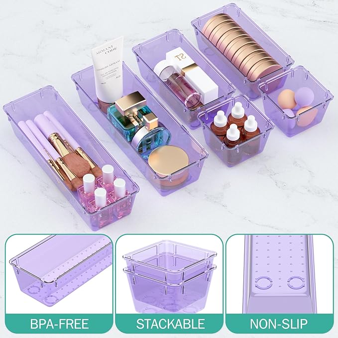 WOWBOX 12 Pack Clear Drawer Organizer Set, Acrylic Drawer Storage Trays, Storage Bins for Makeup, Cosmetics, Jewelries, Utensils, Gadgets, Office, Purple