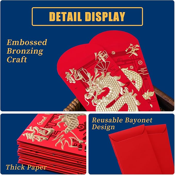 Red Envelopes Chinese New Year Dragon 2024, Lunar New Year of the Dragon Envelope Large Interoffice Envelopes Red Packet Hong Bao with 6 Different Gold Embossed Patterns (18 Pcs 6.69*3.54in)