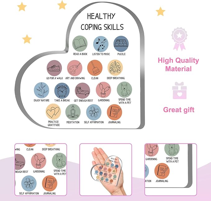 Therapy Office Decor, Anxiety Healthy Coping Skills Mental Health Decorations for Social Worker Classroom School Counseling Therapist Supplies Educational Acrylic Heart Art Decor