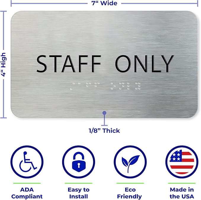 Staff Only Sign for Business - Office Signs, Aluminum Brushed Silver, Tamper-Proof, Heavy Duty Mounting Tape, Easy Install, Office Décor, ADA Compliant, Grade 2 Braille (7” W x 4” H) ADASigns.org