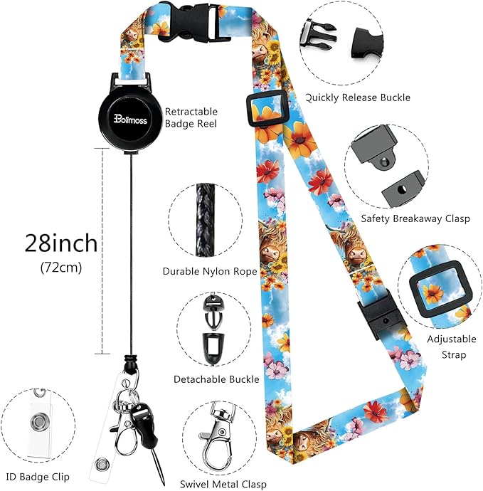 bolimoss Highland Cow Badge Holder and Adjustable Retractable Lanyards, Cute Lanyard for ID Badge Card, Breakaway Neck Lanyards with Badge Reels Quick-Release Buckles with Leather Card Badge Holders