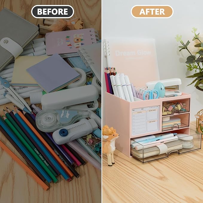 Desk Organizer with 3 Drawer, Multi-Functional Pencil Pen Holder for Desk, Desk Organizers and Storage with 8 Compartments, Desktop Organizer for Office Home Art Supplies (Pink)