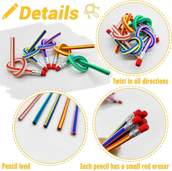 40 Pcs 7 Inch Flexible Pencils,Soft Novelty Pencil,Multi Colored Striped Soft Pencil with Eraser for Kids Gift