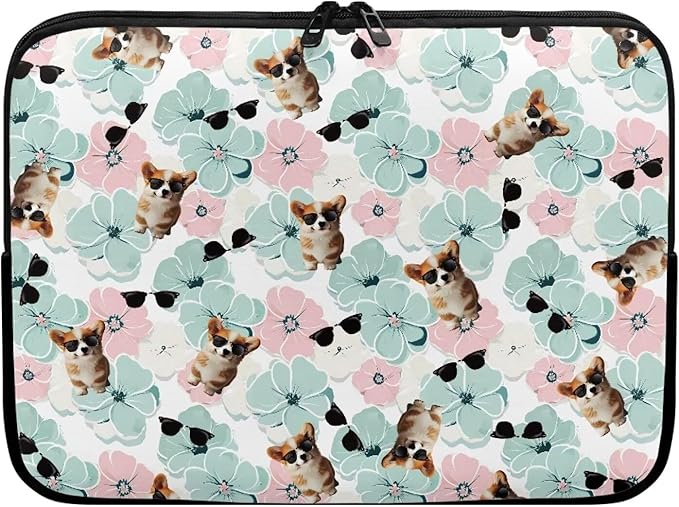 Corgi Dog Printed Computer Bags for Laptops for Women Men, Shockproof 10 Inch Laptop Case Bag Floral Print Messenger Bag with Zipper, Laptop Case Computer Carrying Cover Easy to Carry