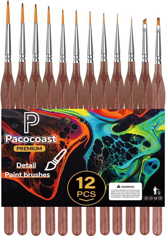 12PC Miniature Brushes, Pacocoast Detail Paint Brushes Set for Fine Detailing & Art Painting, Small Tiny Paint Brush Perfect for Acrylic, Paint by Number, Figurine, Craft, Models (Silver, Brown)