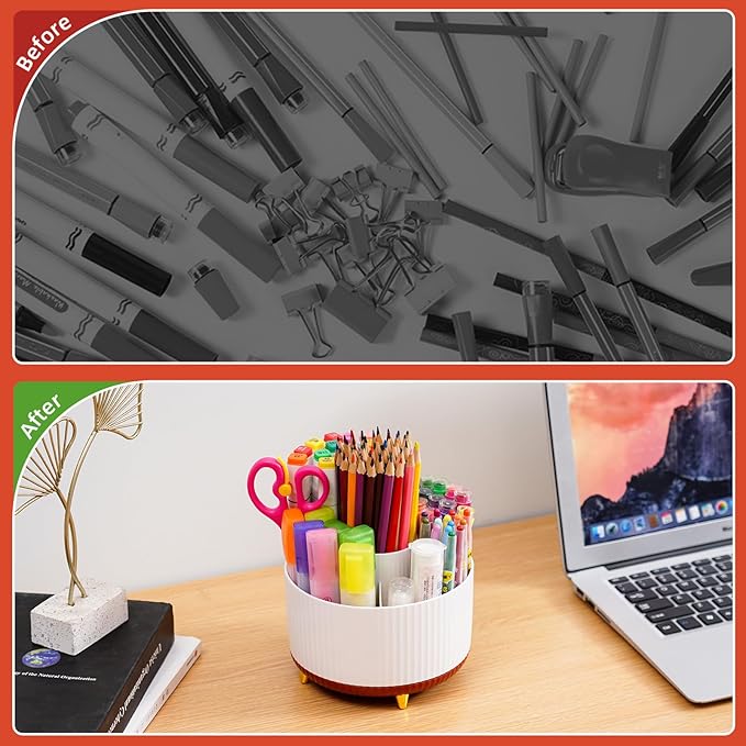 Marbrasse 360-Degree Rotating Pen Holder, Desk Organizer with 5 Compartments, Art Supply Storage Box Caddy for Office, Home (White+Red)