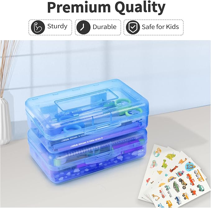 Sooez 3pcs Pencil Box, Plastic School Supply Box, Large Storage Box, Stackable Clear Design for Kids, 8.2x4.6x2.3 inches