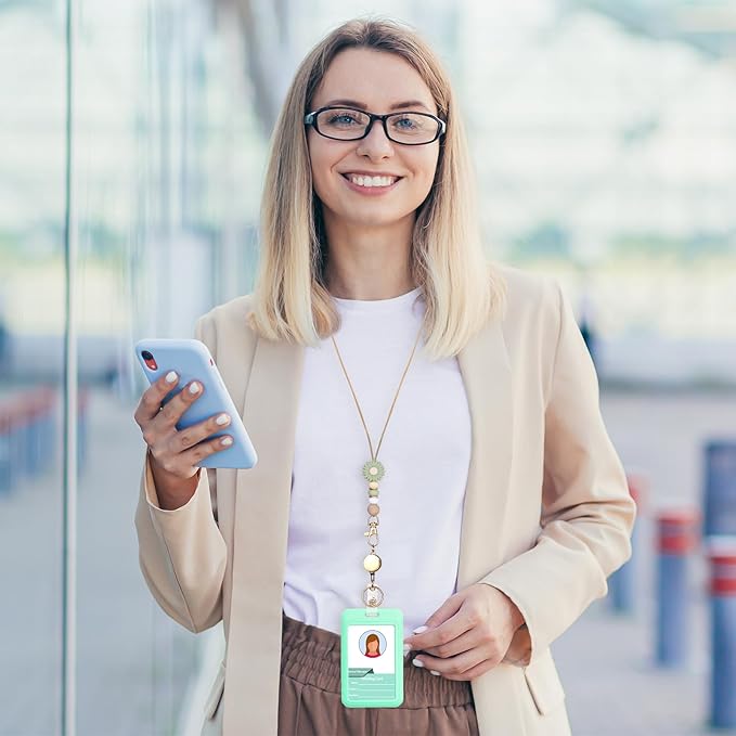 Colorful ID Badge Holder with Silicone Beads Lanyard Set,Cute Teacher Breakaway Lanyard for Keys & Keychain with Cute Retractable Badge Reel Holder,Gift for Women,Nurse, Teacher. (Daisy 2)