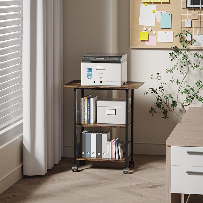 Printer Stand, 3-Tier Mobile Industrial Printer Table with Anti-Fall Storage Shelf, 23"x15" Home and Office Rolling Cart for Printer, Fax Machine, Laminator, Scanner