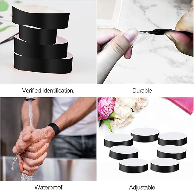 REHALY 1400 Pcs Wristbands for Events Paper Wristbands Waterproof Paper Bracelets Neon Wrist Bands Colored Wristbands Adhesive Hand Bands Armbands for Concerts(Black)