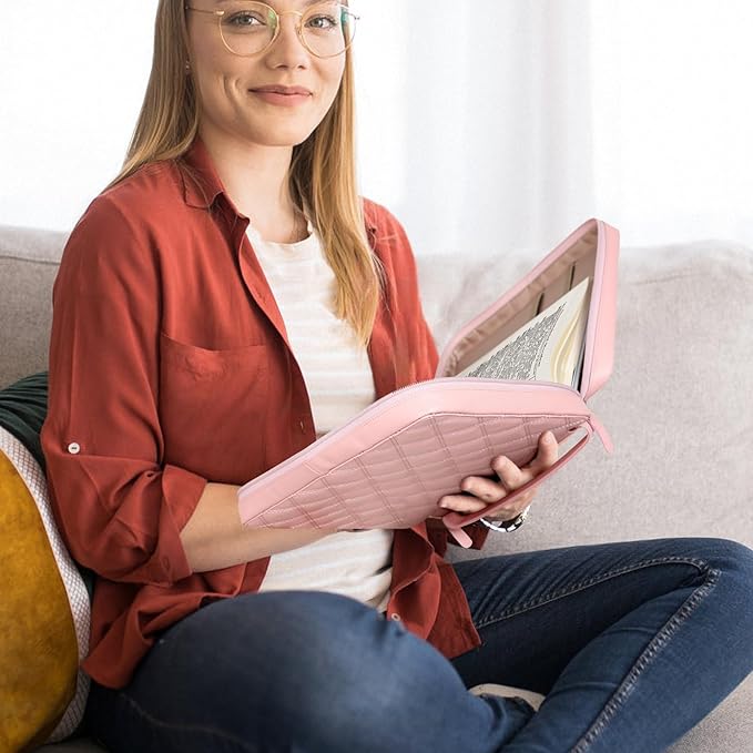 Polare Full Grain Napa Cowhide Leather Bible Cover Church Bag Bible Protective Book Holder Carrying Case Folder Organizer Portfolio for Women (Pink)