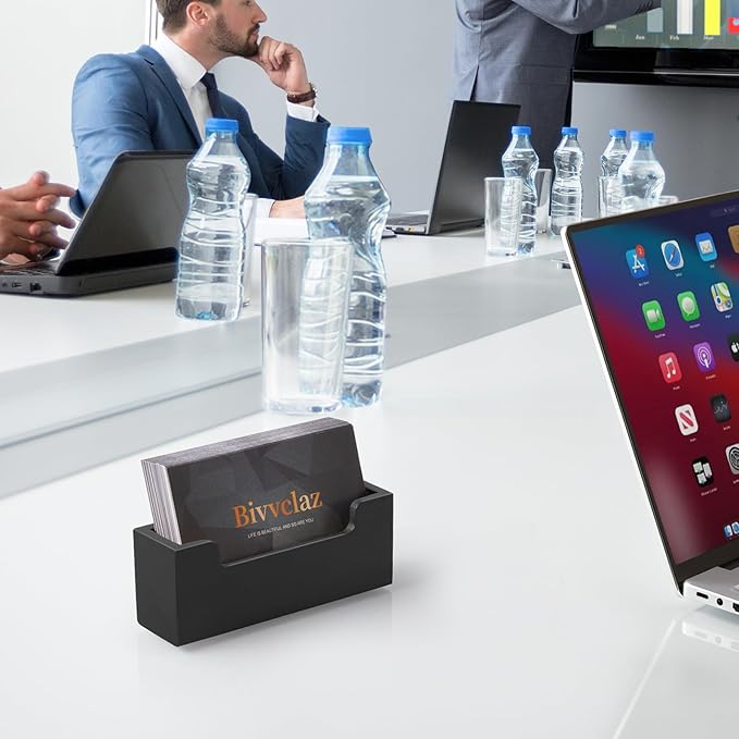 Black Business Card Holder Desk, Wood Business Card Organizer Desktop Business Card Display Stand for Office Tabletop Exhibition, Small Business Essentials