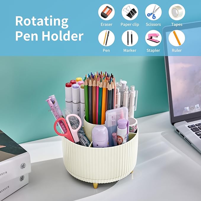 Marbrasse Desk Organizer, 360-Degree Rotating Pen Holder, 5-Compartment Pencil Organizer, Art Supply Storage Box Caddy for Office and Home (Ivory)