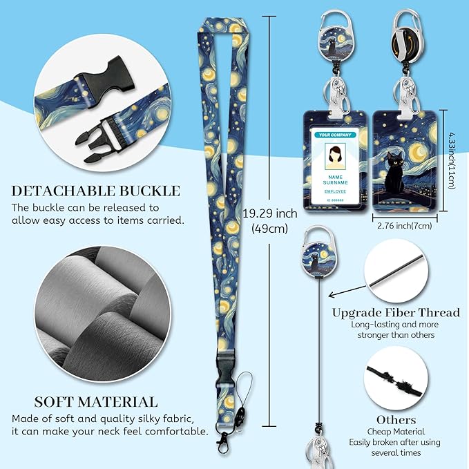 Black Cat Lanyards for Id Badges, Starry Night Badge Holder with Retractable Reel Clip, Work Name Tags Keychain Lanyard with ID Holder, ID Card Protector for Women Teacher Nurse Doctor Office