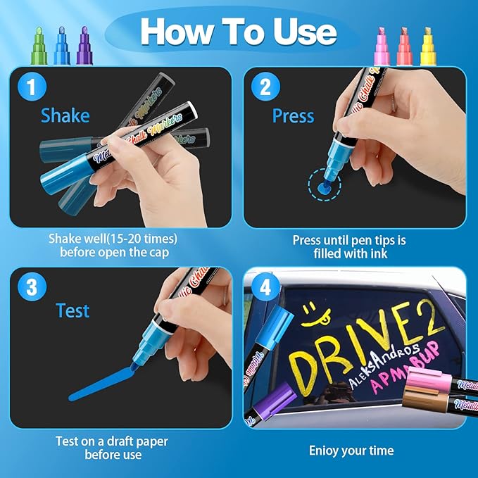 Metallic Liquid Chalk Markers for Chalkboard -10 Colors Wet Erase Window Marker Pens with 6mm Reversible Bullet & Chisel Tip for Glass, Calendar Boards, Car Decorations, Auto, Bistro, Mirror, Business