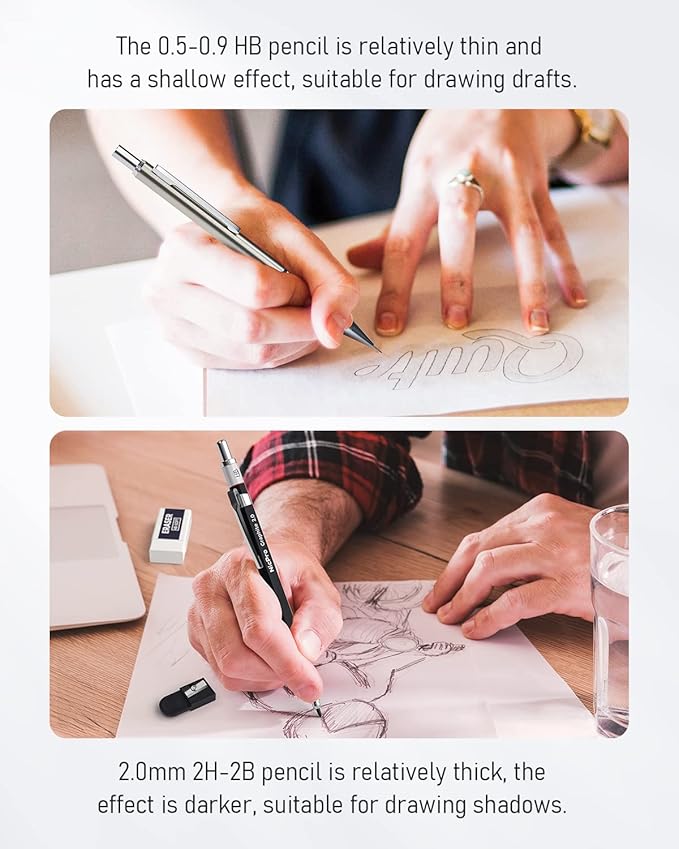 Nicpro 6PCS Art Mechanical Pencil Set, 3PCS Metal Drafting Pencil 0.5 mm & 0.7 mm & 0.9 mm & 3PCS 2mm Graphite Lead Holder (2B HB 2H) For Writing, Sketching Drawing With Lead Refills Case