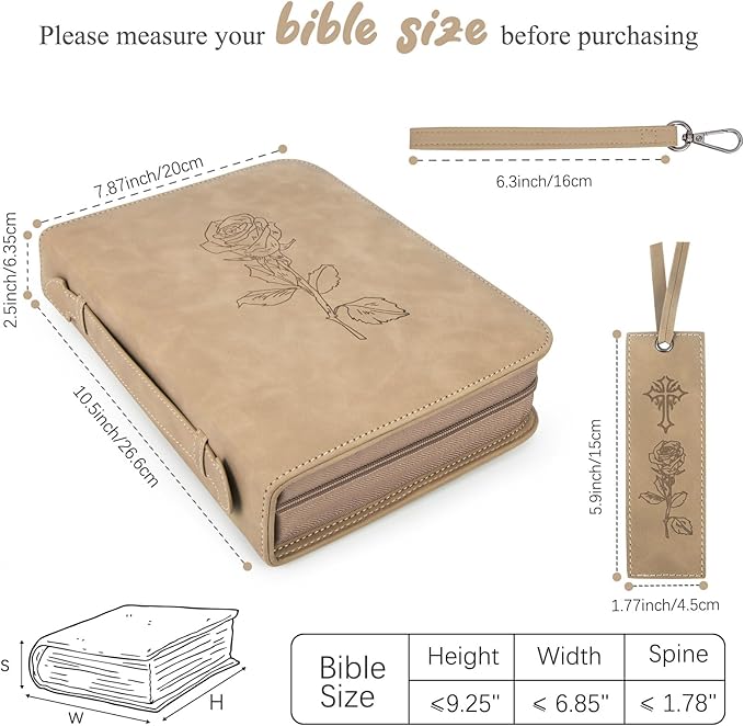 Leather Bible Cover for Woman & Men, Women’s Bible Case with Rose Bookmark for Bible Supplies-Girls Carrying Bag Tote with Strap, Personal Size Book Organizer for Journaling Bible-Khaki