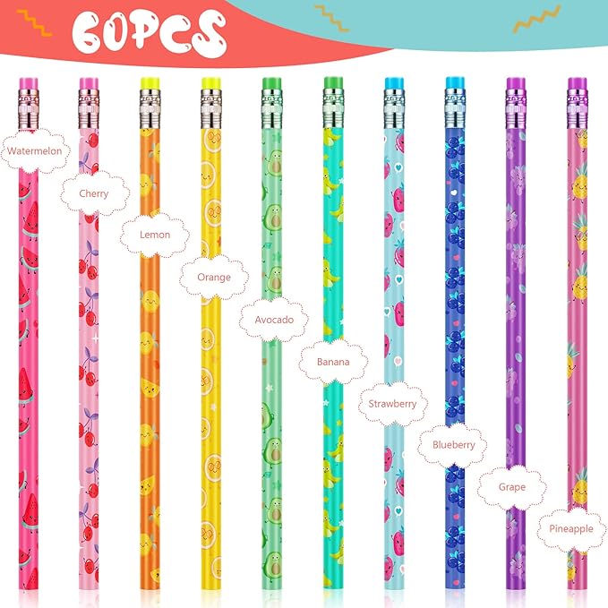 Ireer 60 Pcs Scented Pencils for Kids Animal Fruit Fun Smelly Pencils Bulk HB Graphite with 60 Pcs Cute Cartoon Toppers Gift for School Office Classroom Party Reward Supplies(Bright Style)