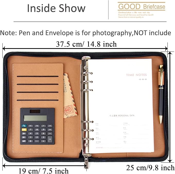 SAYEEC Executive Conference Folder A5 Zipped Portfolio Binder Faux Leather Padfolio Refillable Business Notebook Organizer with Calculator Loose Leaf Paper Gift for Man Women