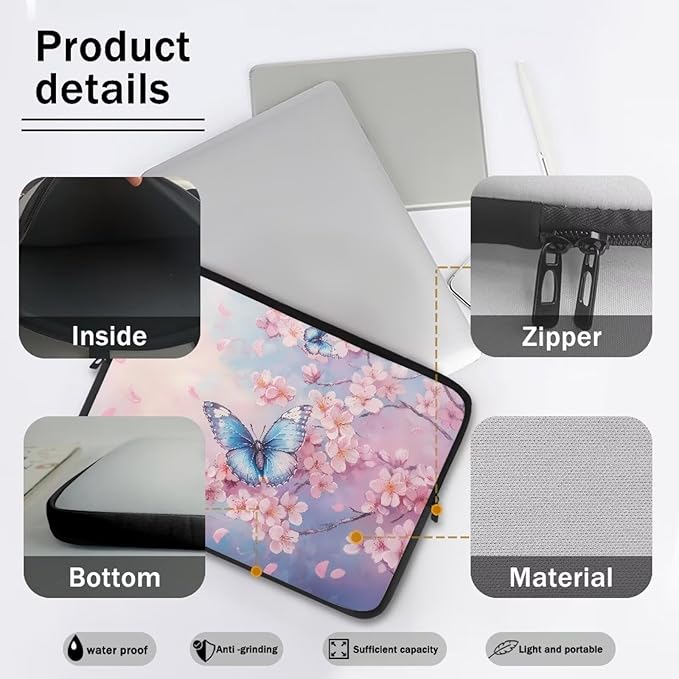 Butterfly Print Laptop Bag for Girls, 15 Inch Peach Blossom Laptop Sleeve Soft Laptop Case Bag for Girls, Waterproof Laptop Briefcase Computer Bag with Zipper