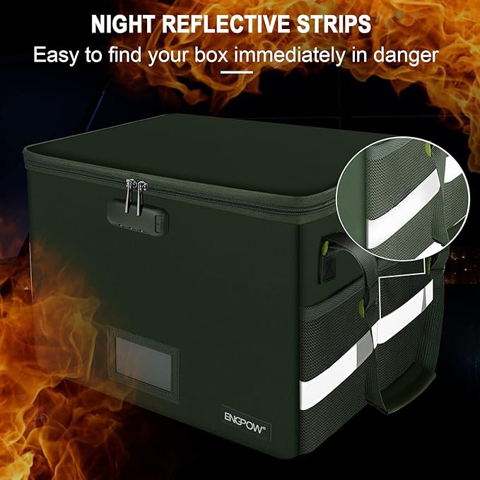 ENGPOW File Box with Lock, Fireproof Document Box with Zipper Lid, Collapsible File Storage Organizer Filing Cabinet with Handle, Portable Home Office Safe for Hanging Letter/Legal Folders, Green