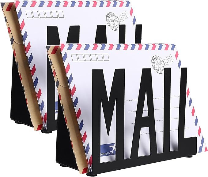Mail Holder,Mail Organizer Black Metal Letter Sorter Tabletop Mail Cutout Organizer Mail Letter Document Stand with Letter Opener for Desktop Home Office School（2Pcs)