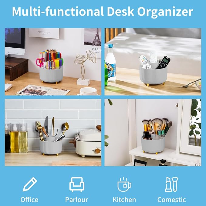Marbrasse Desk Organizer, 360-Degree Rotating Pen Holder for Desk, Desk Organizers and Accessories with 5 Compartments Pencil Organizer, Art Supply Storage Box Caddy for Office, Home (Grey)