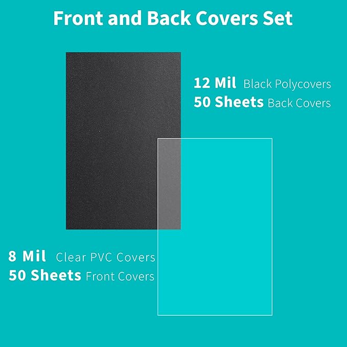Binditek 100 Pack Binding Covers and Backs Set, 5.5 x 8.5 Inches, Including 50 Pcs 8 Mil Clear PVC Binding Covers, 50 Pcs 12 Mil Sand-Textured Polycovers, for Half Letter Size