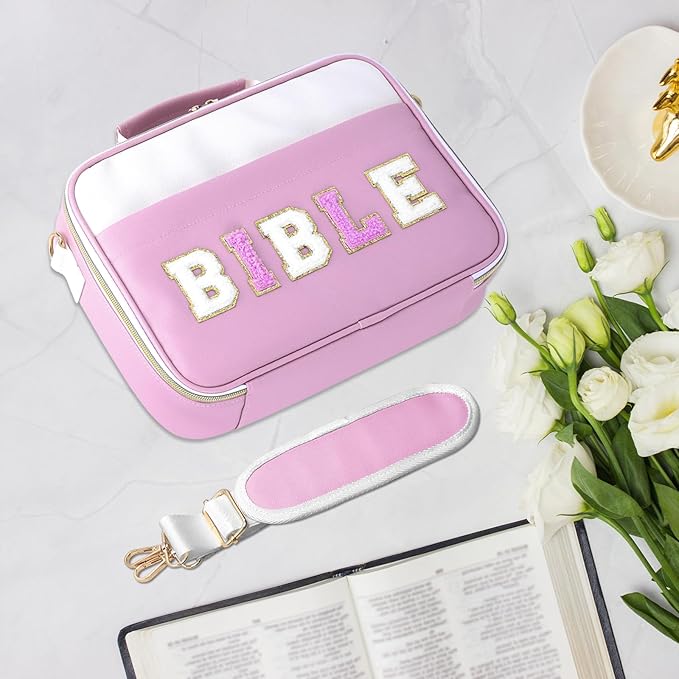 WOBANGEM Bible Cover Case for Women,Large Leather Bible Cases Christian Gifts for Women Men Girls,Preppy Chenille Letter Bible Bag with Shoulder Strap,Purple Bible Purse Bible Carrying Case for Women