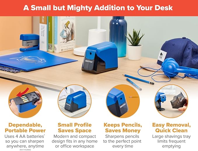 Bostitch Office Battery Pencil Sharpener, 4X Longer Cutter Life, Tip Saver Technology, Blue
